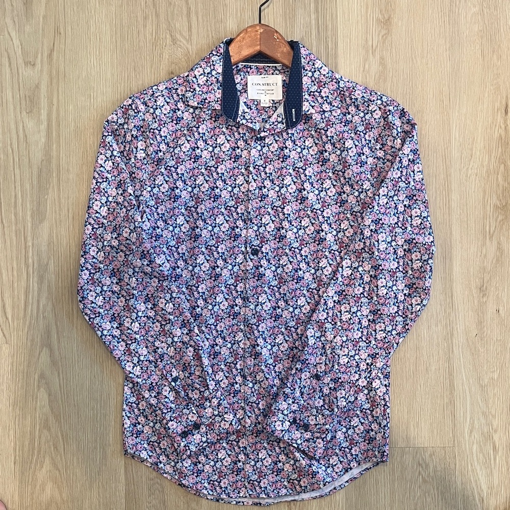 Con.Struct Men's Floral Casual Shirt - Pink and Blue - Men’s Small (14-14 1/2)